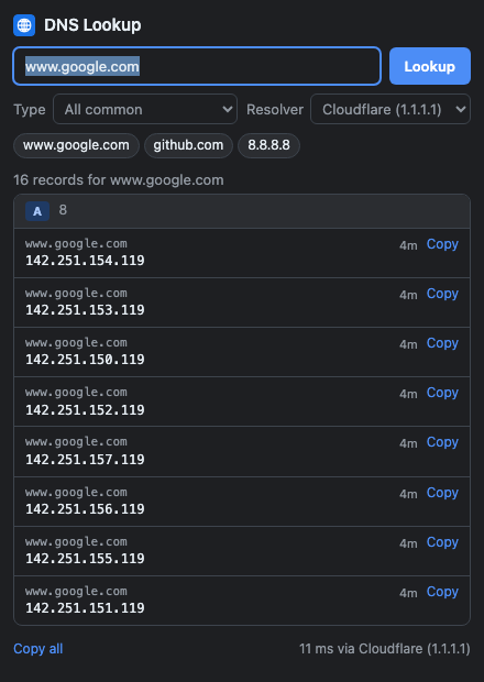 DNS Lookup popup showing A records for www.google.com